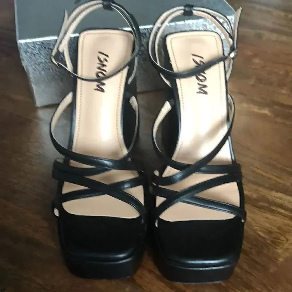 ISNOM Platform Chunky Block Heel Sandals with Open Square Toe size 7